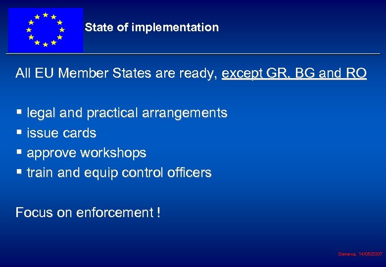 State of implementation All EU Member States are ready, except GR, BG and RO
