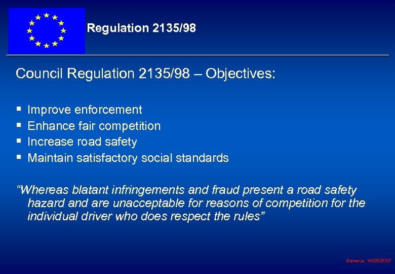 Regulation 2135/98 Council Regulation 2135/98 – Objectives: § § Improve enforcement Enhance fair competition