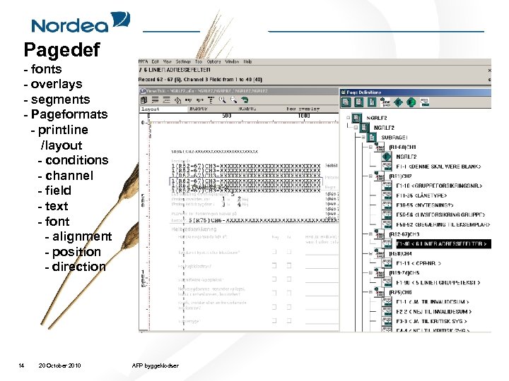 Pagedef - fonts - overlays - segments - Pageformats - printline /layout - conditions