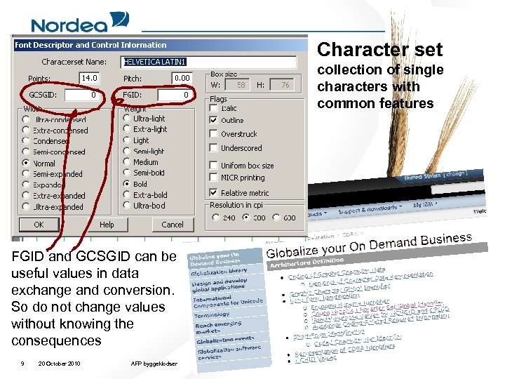 Character set collection of single characters with common features FGID and GCSGID can be