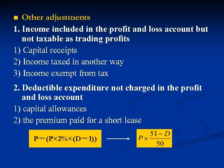 Other adjustments 1. Income included in the profit and loss account but not taxable