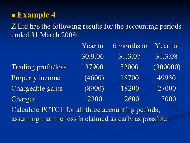 n Example 4 Z Ltd has the following results for the accounting periods ended