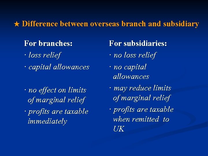 ★ Difference between overseas branch and subsidiary For branches: · loss relief · capital