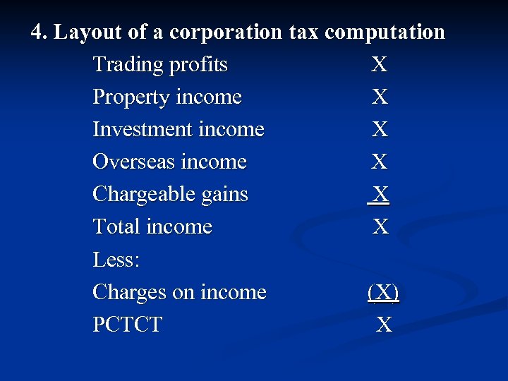 4. Layout of a corporation tax computation Trading profits X Property income X Investment