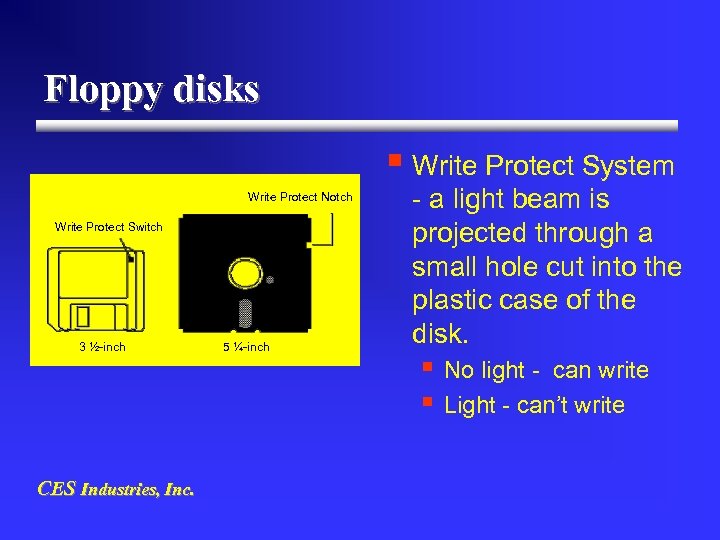 Floppy disks § Write Protect System Write Protect Notch Write Protect Switch 3 ½-inch