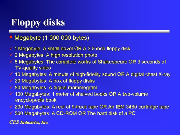 Floppy disks § Megabyte (1 000 bytes) ü 1 Megabyte: A small novel OR