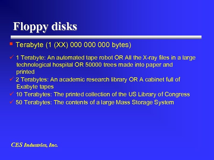 Floppy disks § Terabyte (1 (XX) 000 000 bytes) ü 1 Terabyte: An automated
