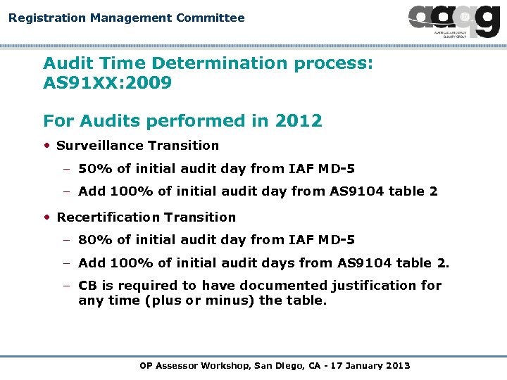 Registration Management Committee Audit Time Determination process: AS 91 XX: 2009 For Audits performed