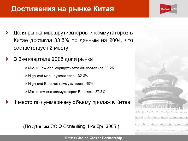 Достижения на рынке Китая Доля рынка маршрутизаторов и коммутаторов в Китае достигла 33. 5%