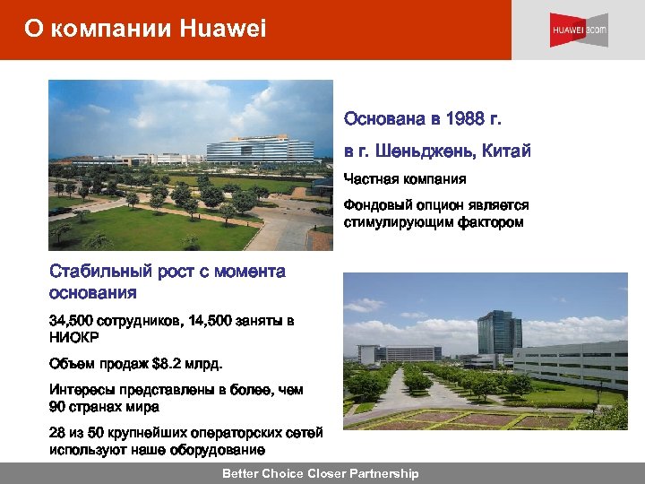 О компании Huawei Основана в 1988 г. в г. Шеньджень, Китай Частная компания Фондовый