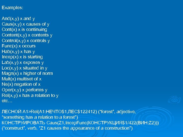 Examples: And(x, y) x and y Caus(x, y) x causes of y Cont(x) x