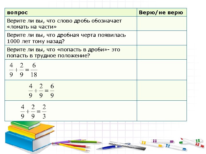 вопрос Верите ли вы, что слово дробь обозначает «ломать на части» Верите ли вы,