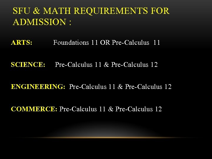 SFU & MATH REQUIREMENTS FOR ADMISSION : ARTS: Foundations 11 OR Pre-Calculus 11 SCIENCE: