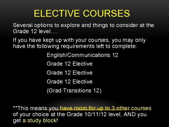 ELECTIVE COURSES Several options to explore and things to consider at the Grade 12