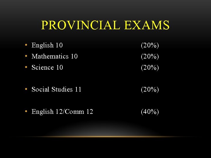 PROVINCIAL EXAMS • English 10 (20%) • Mathematics 10 (20%) • Science 10 (20%)