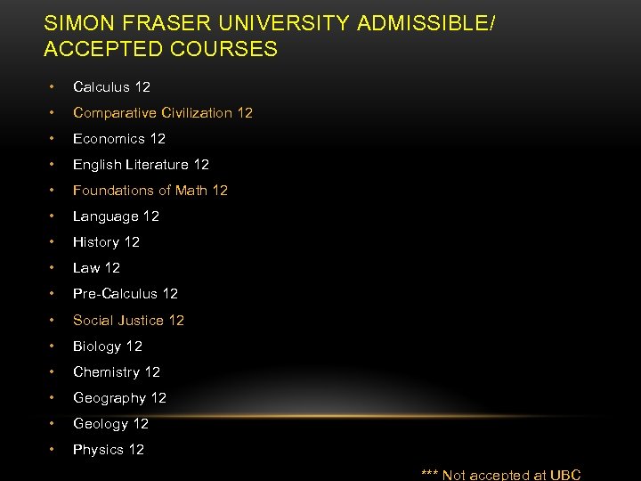 SIMON FRASER UNIVERSITY ADMISSIBLE/ ACCEPTED COURSES • Calculus 12 • Comparative Civilization 12 •