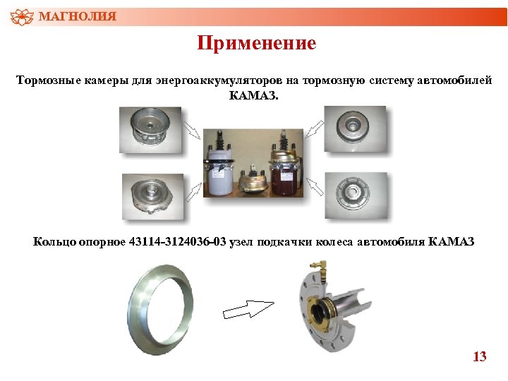 МАГНОЛИЯ Применение Тормозные камеры для энергоаккумуляторов на тормозную систему автомобилей КАМАЗ. Кольцо опорное 43114