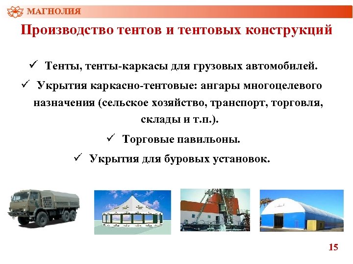 МАГНОЛИЯ Производство тентов и тентовых конструкций ü Тенты, тенты-каркасы для грузовых автомобилей. ü Укрытия