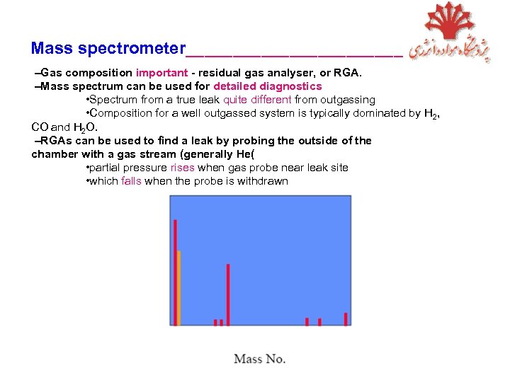 Mass spectrometer____________ –Gas composition important - residual gas analyser, or RGA. –Mass spectrum can