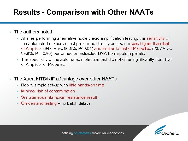 Results - Comparison with Other NAATs • The authors noted: At sites performing alternative