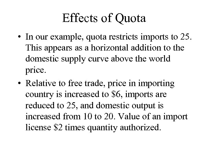 Effects of Quota • In our example, quota restricts imports to 25. This appears