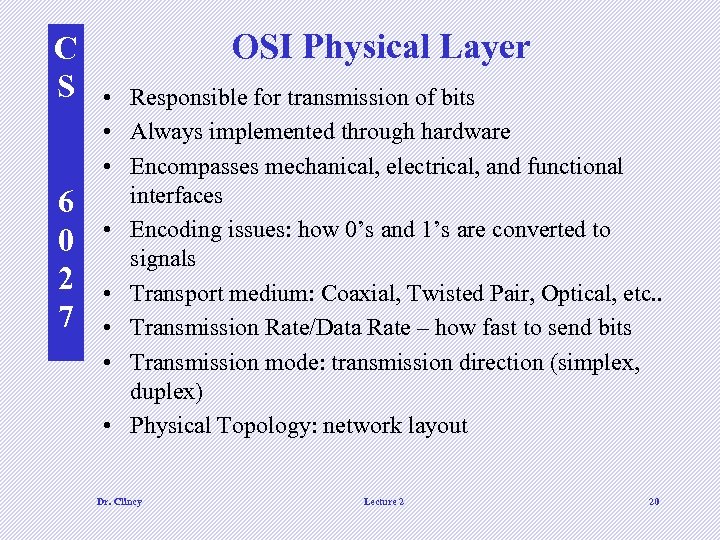C S 6 0 2 7 OSI Physical Layer • Responsible for transmission of