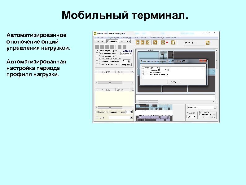 Мобильный терминал. Автоматизированное отключение опций управления нагрузкой. Автоматизированная настройка периода профиля нагрузки. 