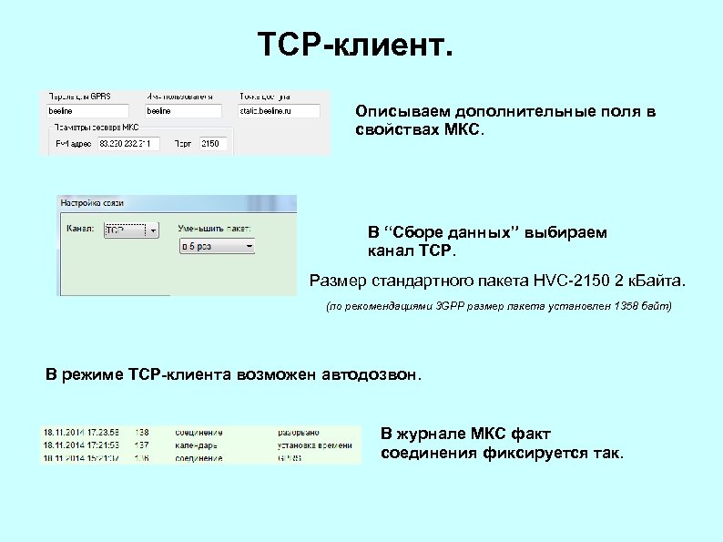 TCP-клиент. Описываем дополнительные поля в свойствах МКС. В “Сборе данных” выбираем канал TCP. Размер
