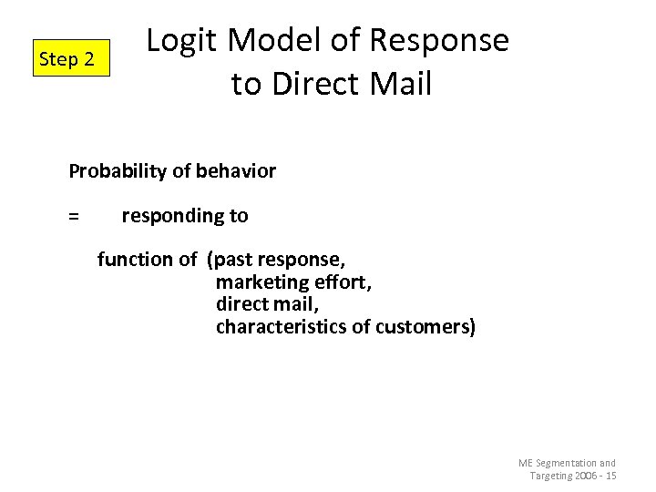 Step 2 Logit Model of Response to Direct Mail Probability of behavior =　　　responding to