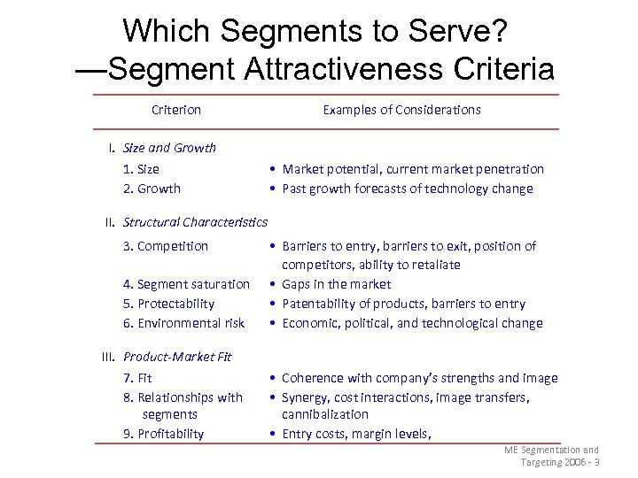Which Segments to Serve? —Segment Attractiveness Criteria Criterion I. Size and Growth 1. Size