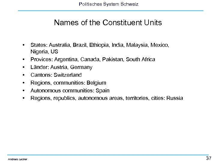 Politisches System Schweiz Names of the Constituent Units • • Andreas Ladner States: Australia,