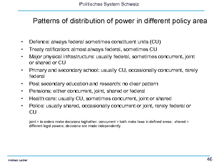 Politisches System Schweiz Patterns of distribution of power in different policy area • •