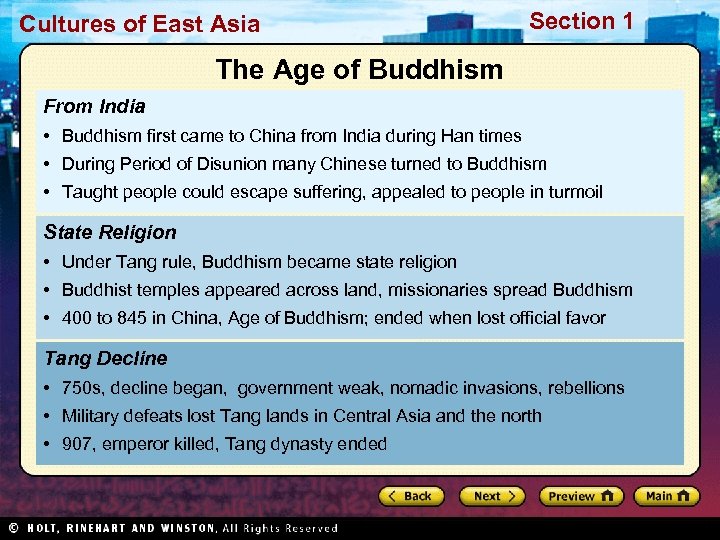 Cultures of East Asia Section 1 The Age of Buddhism From India • Buddhism