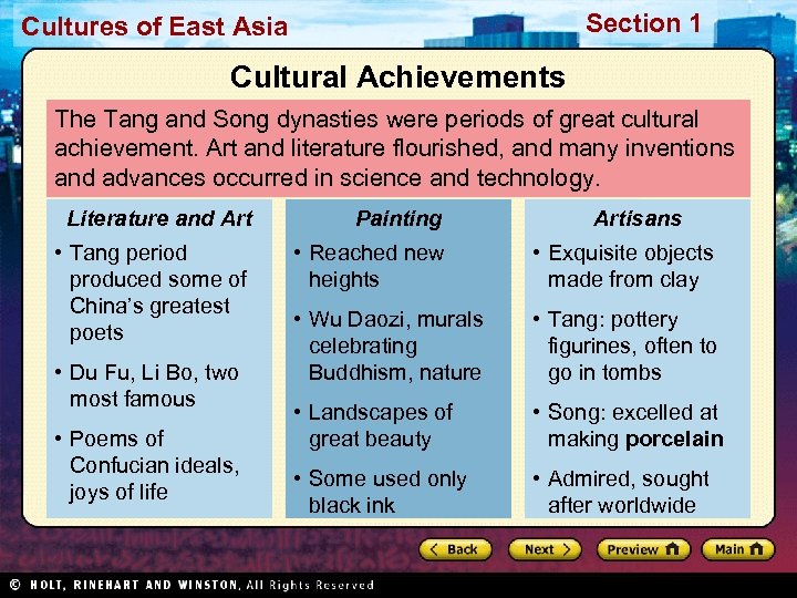 Section 1 Cultures of East Asia Cultural Achievements The Tang and Song dynasties were