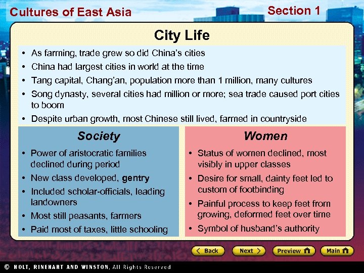 Section 1 Cultures of East Asia City Life • • As farming, trade grew