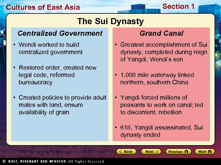 Section 1 Cultures of East Asia The Sui Dynasty Centralized Government • Wendi worked