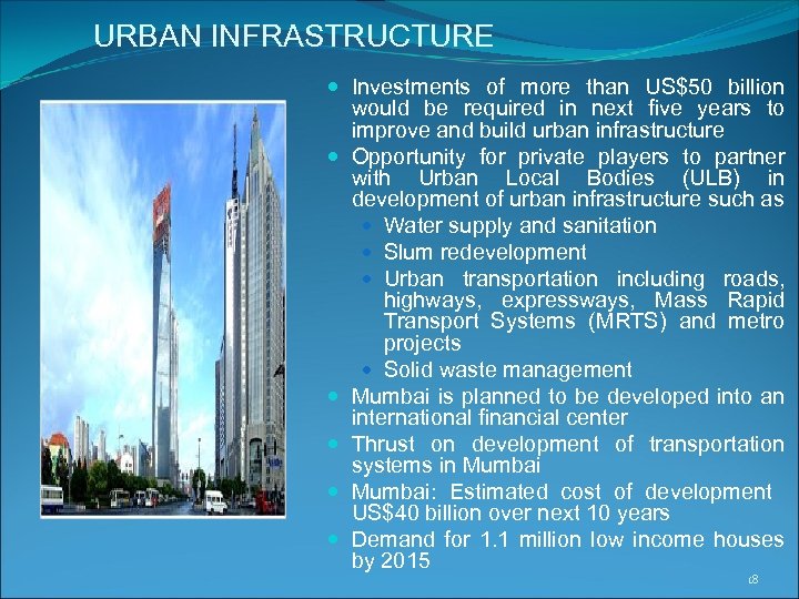 URBAN INFRASTRUCTURE Investments of more than US$50 billion would be required in next five