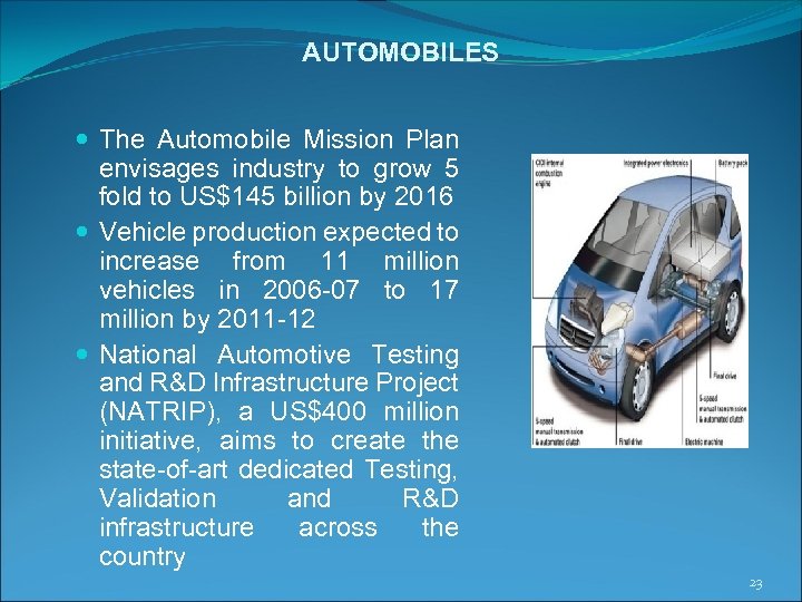 AUTOMOBILES The Automobile Mission Plan envisages industry to grow 5 fold to US$145 billion