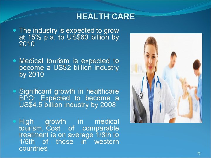 HEALTH CARE The industry is expected to grow at 15% p. a. to US$60