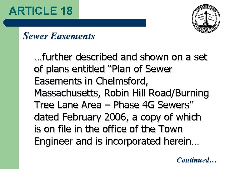 ARTICLE 18 Sewer Easements …further described and shown on a set of plans entitled