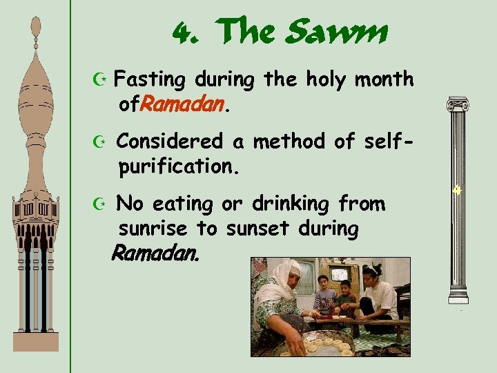 4. The Sawm Z Fasting during the holy month of. Ramadan. Z Z Considered