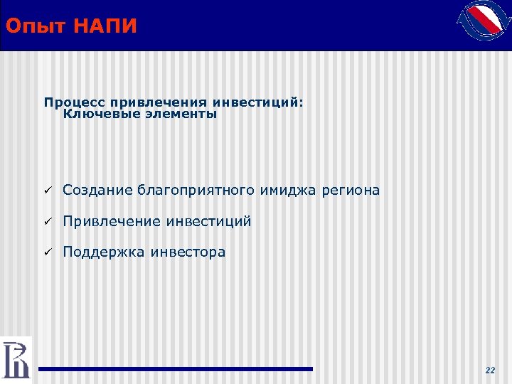 Опыт НАПИ Процесс привлечения инвестиций: Ключевые элементы ü Создание благоприятного имиджа региона ü Привлечение