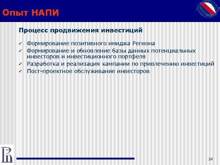 Опыт НАПИ Процесс продвижения инвестиций ü ü Формирование позитивного имиджа Региона Формирование и обновление