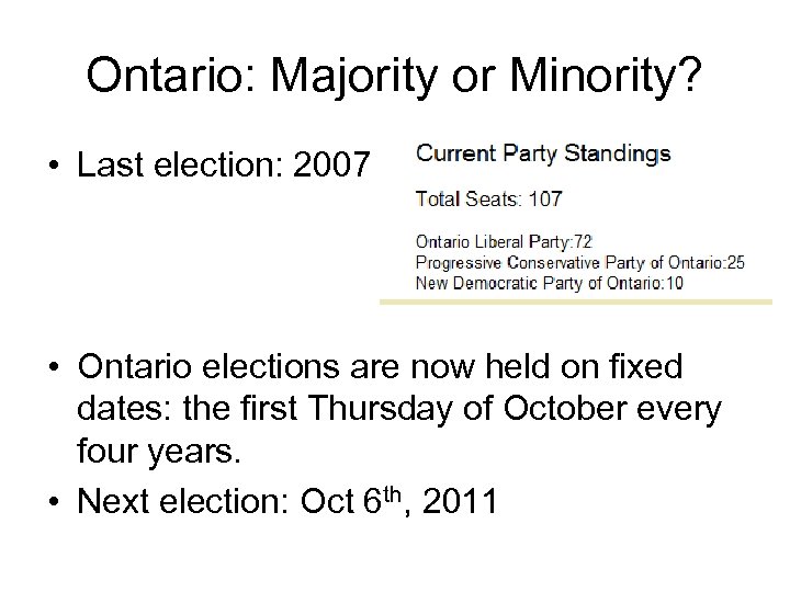 Ontario: Majority or Minority? • Last election: 2007 • Ontario elections are now held