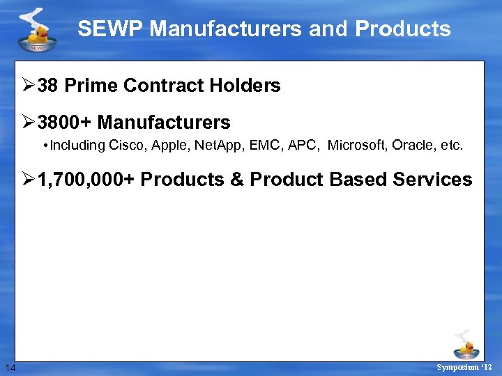 SEWP Manufacturers and Products Ø 38 Prime Contract Holders Ø 3800+ Manufacturers • Including