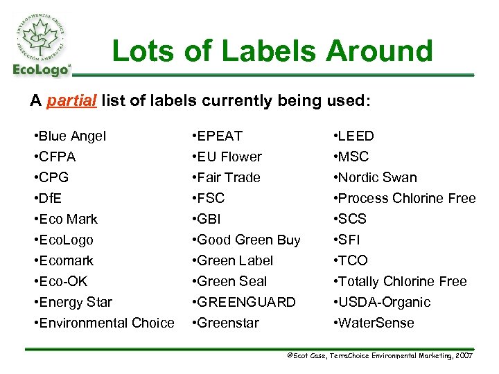 Lots of Labels Around A partial list of labels currently being used: • Blue