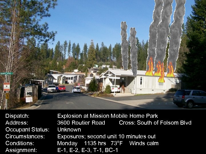 Dispatch: Address: Occupant Status: Circumstances: Conditions: Assignment: Explosion at Mission Mobile Home Park 3600
