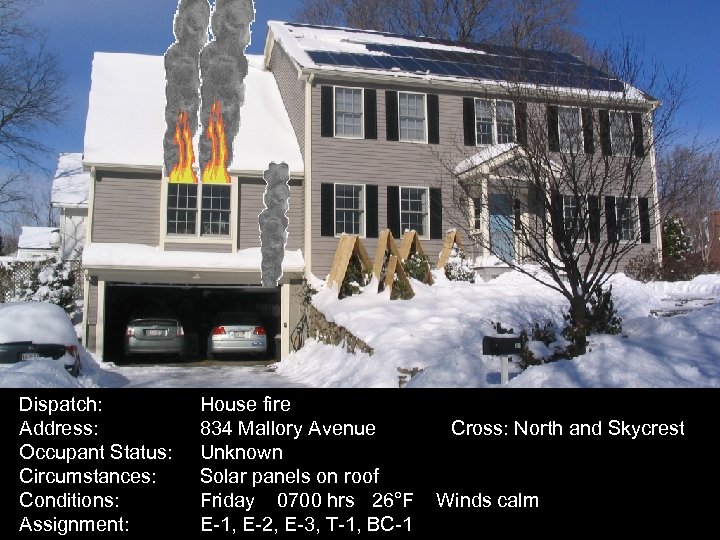 Dispatch: Address: Occupant Status: Circumstances: Conditions: Assignment: House fire 834 Mallory Avenue Unknown Solar