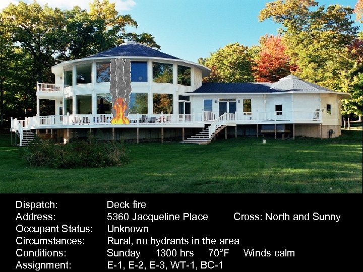 Dispatch: Address: Occupant Status: Circumstances: Conditions: Assignment: Deck fire 5360 Jacqueline Place Cross: North