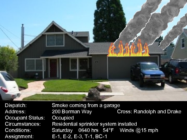 Dispatch: Address: Occupant Status: Circumstances: Conditions: Assignment: Smoke coming from a garage 200 Borman
